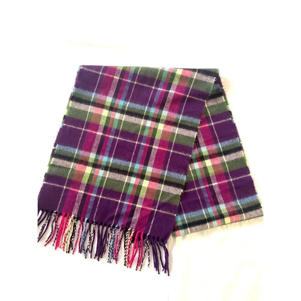 100% Cashmere Purple Plaid Scarf Made in Scotland Soft 35x12.5